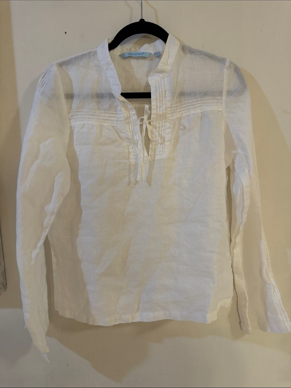 Atmosphere White Linen Pintuck Tie-Front Shirt